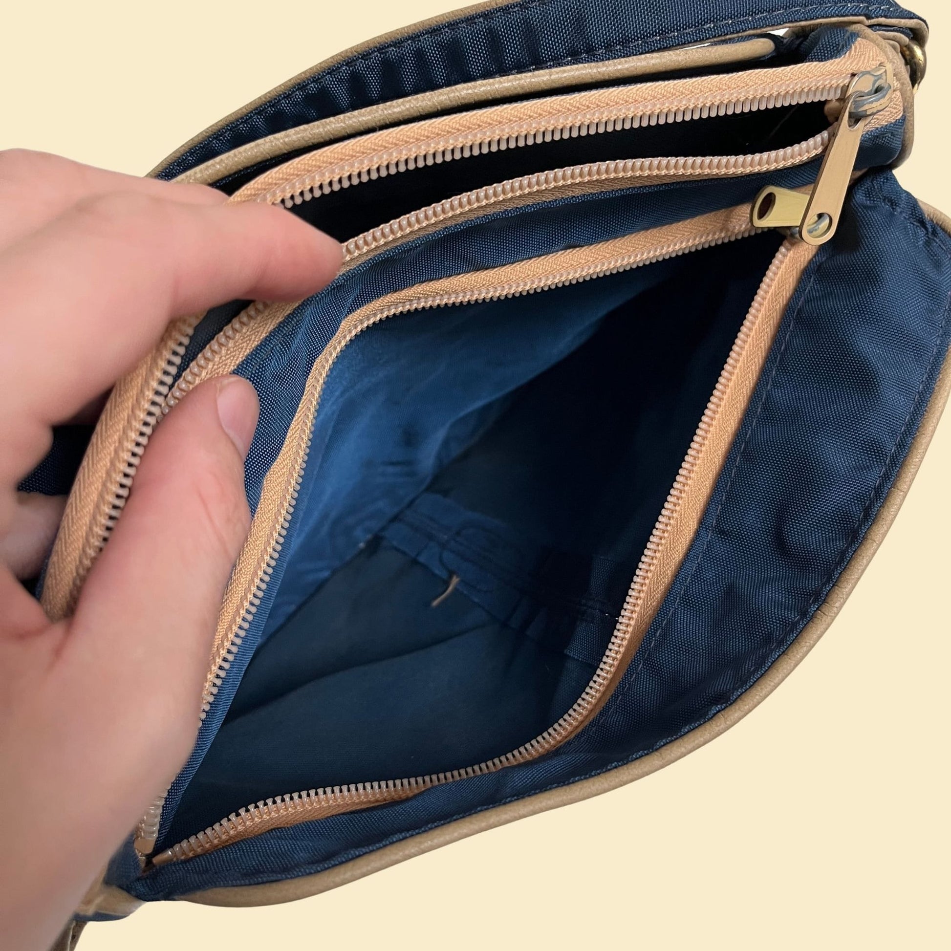 70s shoulder bag, vintage blue & beige leather/nylon travel bag with shoulder strap, 1970s casual purse