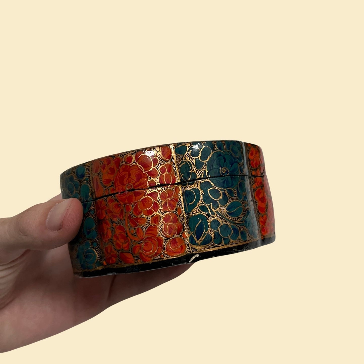 60s lacquer box with abstract gold, teal and orange design, vintage hand painted lacquerware container, 1960s jewelry box