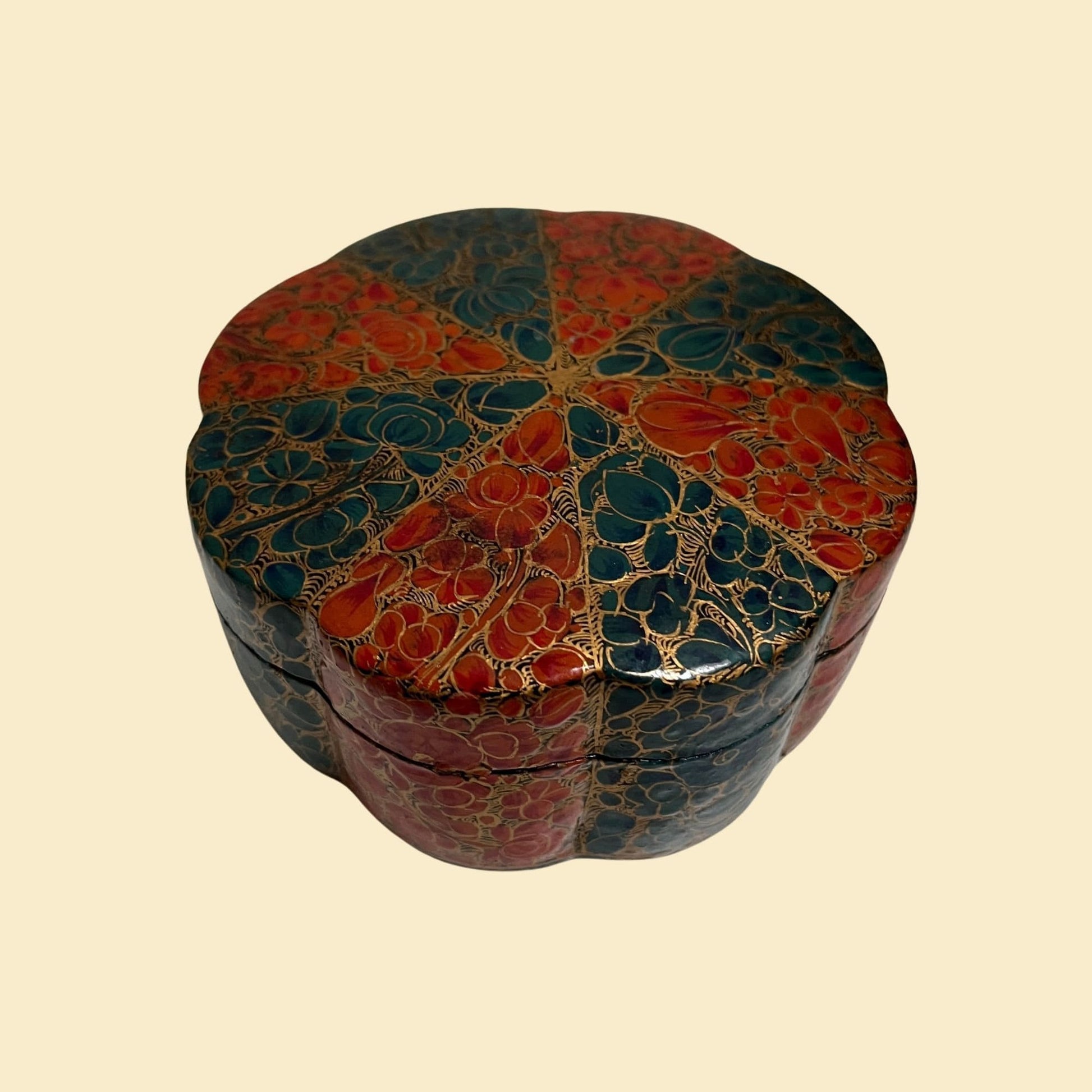 60s lacquer box with abstract gold, teal and orange design, vintage hand painted lacquerware container, 1960s jewelry box