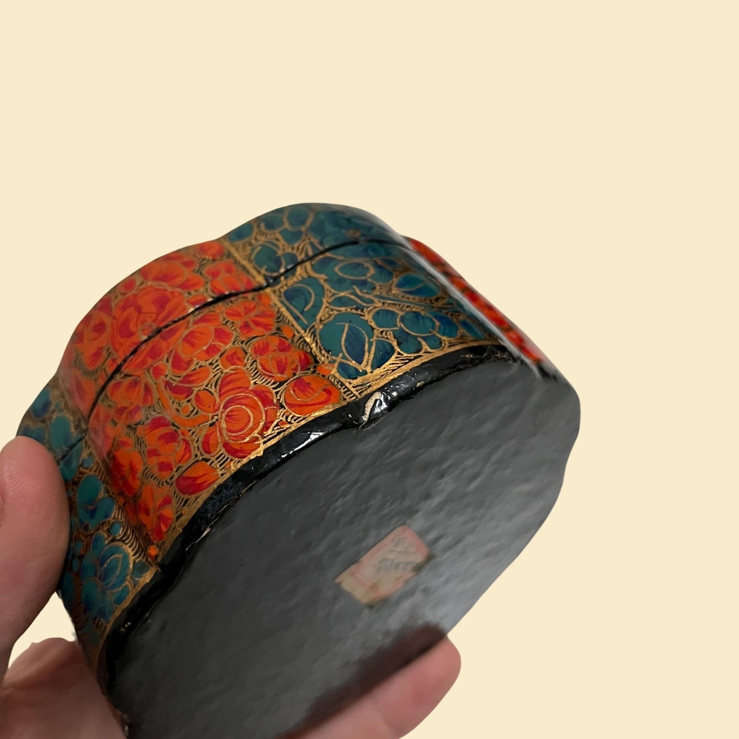 60s lacquer box with abstract gold, teal and orange design, vintage hand painted lacquerware container, 1960s jewelry box