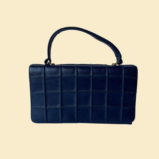 70s blue leather purse by Handbags Ltd., vintage 1970s top handle structured bag with quilted pattern and top flap