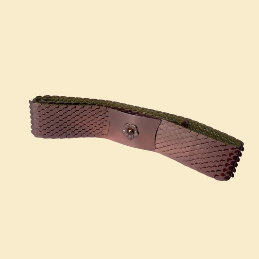 70s copper scale belt with rectangular flower buckle, vintage 1970s fish scale style metal belt