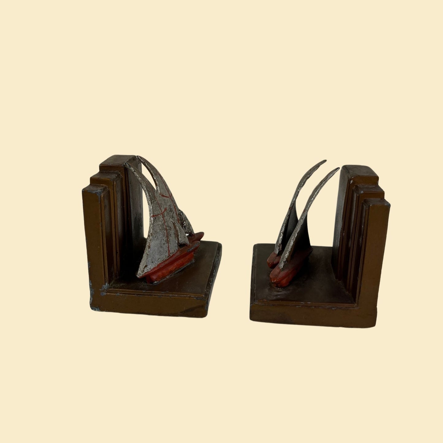 Art deco sailboat bookends, c. 1920s-1930s vintage sailboat heavy book ends, red, grey & copper colored