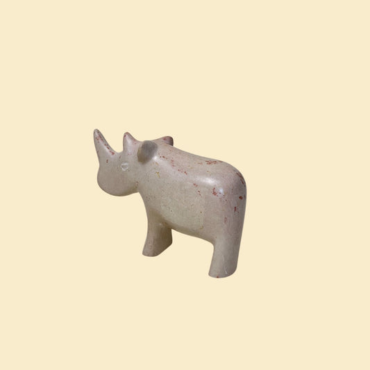 Vintage rhino sculpture, hand carved 1970s pink & white miniature rhinoceros figurine