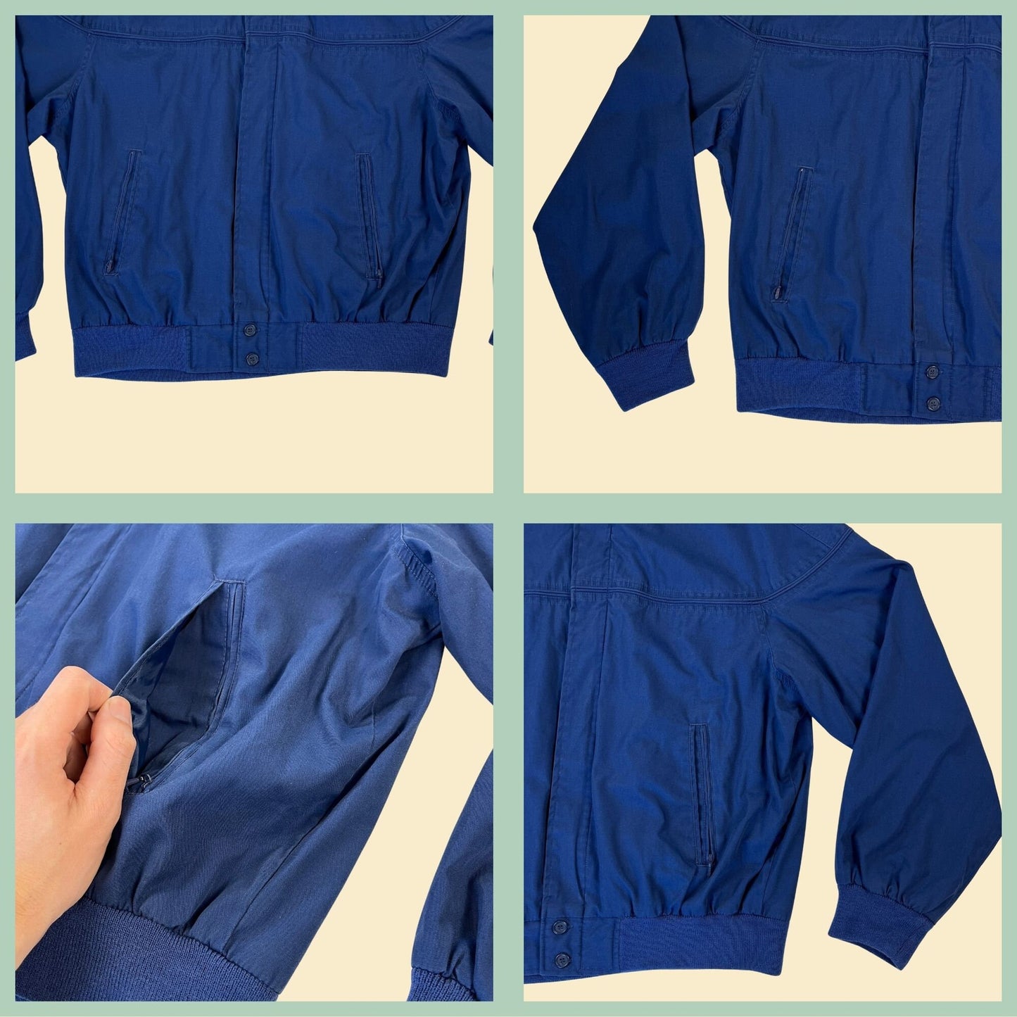 Vintage 80s blue bomber windbreaker by Four Seasons, size L, 1980s zip up cotton jacket