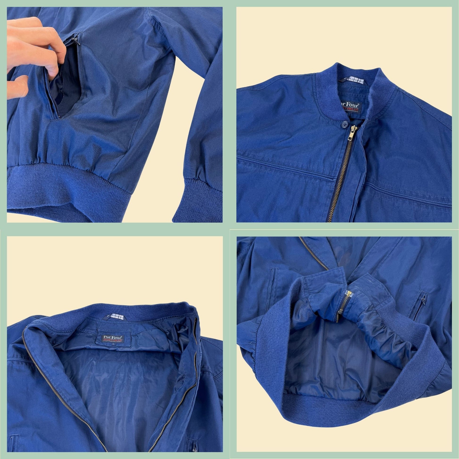 Vintage 80s blue bomber windbreaker by Four Seasons, size L, 1980s zip up cotton jacket