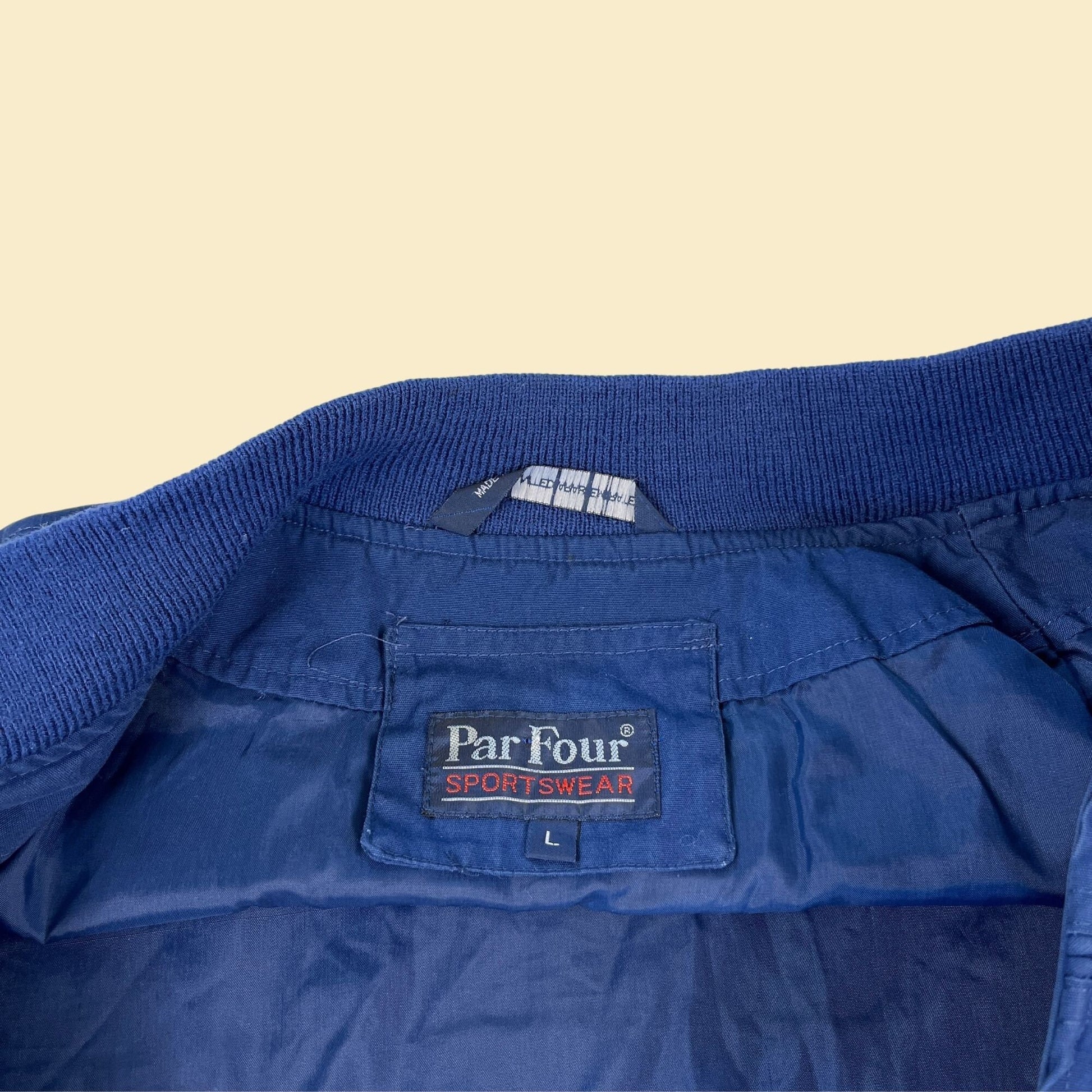 Vintage 80s blue bomber windbreaker by Four Seasons, size L, 1980s zip up cotton jacket