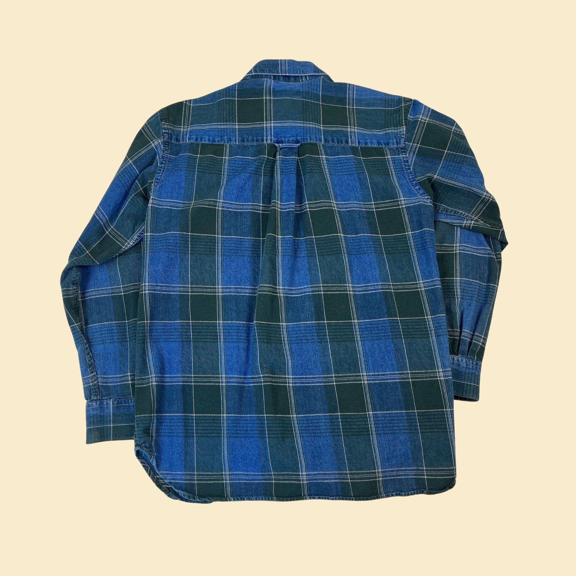 Vintage 90s flannel shirt with denim/green plaid pattern, size S, 1990s long sleeve shirt by Roundtree & Yorke