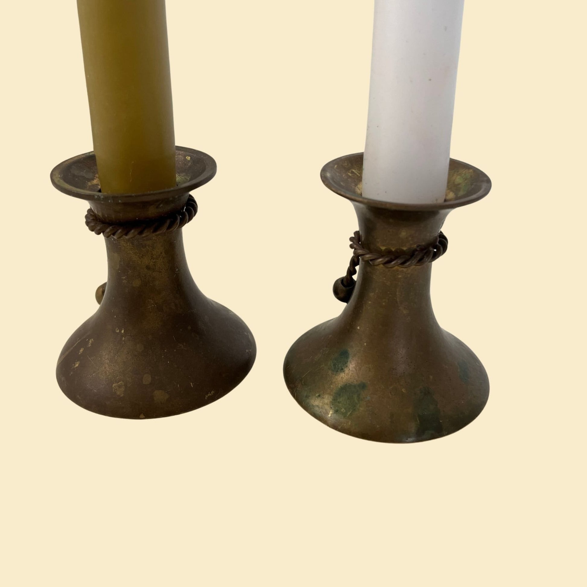 1970s brass taper candle holders, vintage set of 2 candlestick holders with braid/rope design