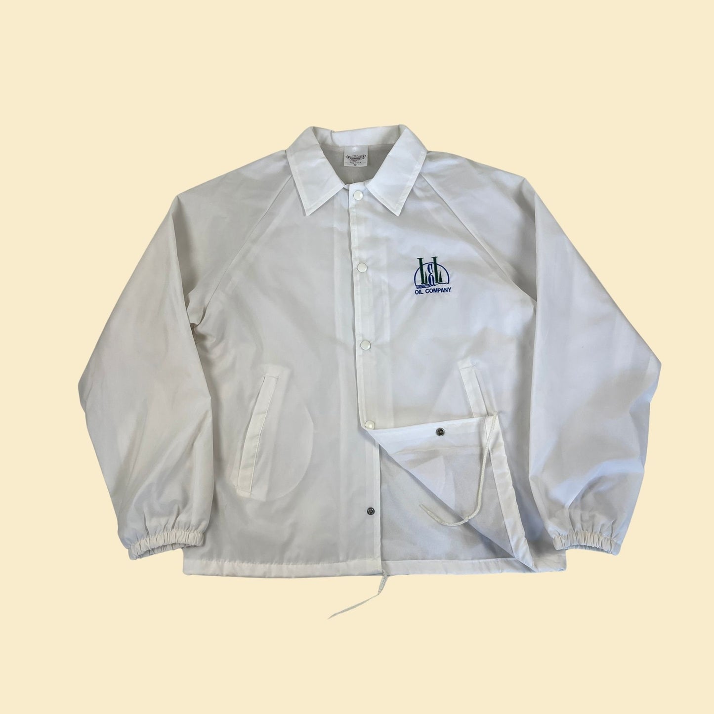 Vintage L&L Oil windbreaker jacket by Auburn Sportswear, 1980s white and blue snap clasp workwear jacket