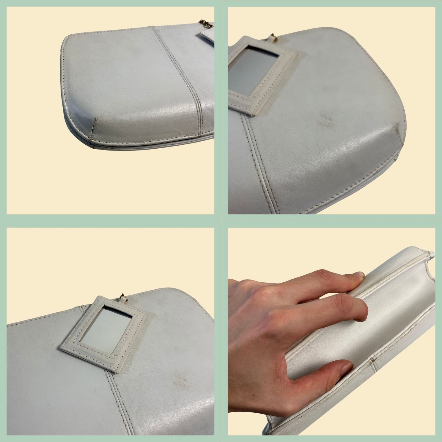 90s white leather handbag by Naturalizer, vintage 1990s white leather clutch with brass/gold hardware