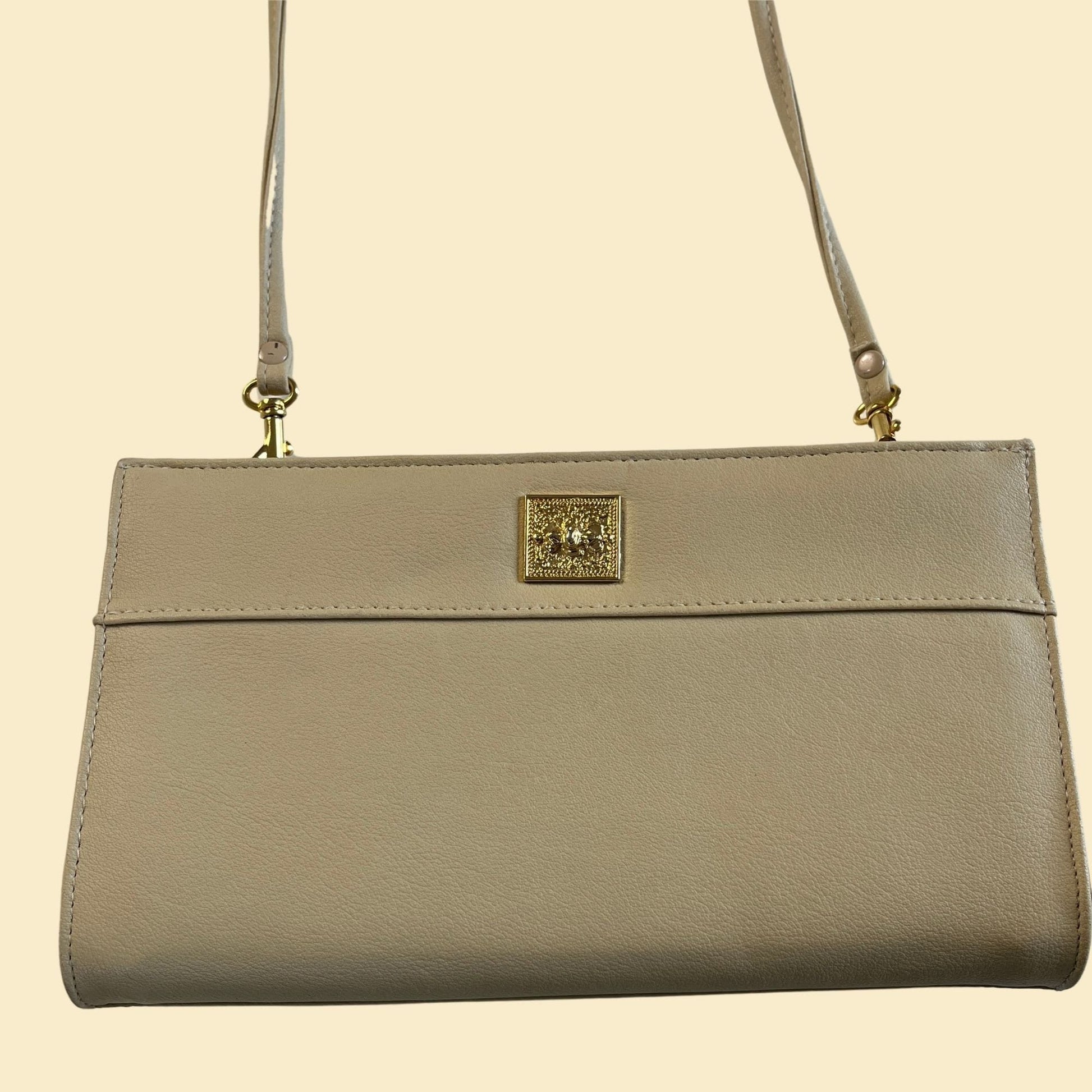 90s cream faux leather purse, vintage 1990s rectangular beige shoulder bag with gold colored hardware/emblem