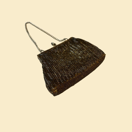 Vintage 70s beaded evening bag, metallic brown / gold handbag with chainlink wrist strap