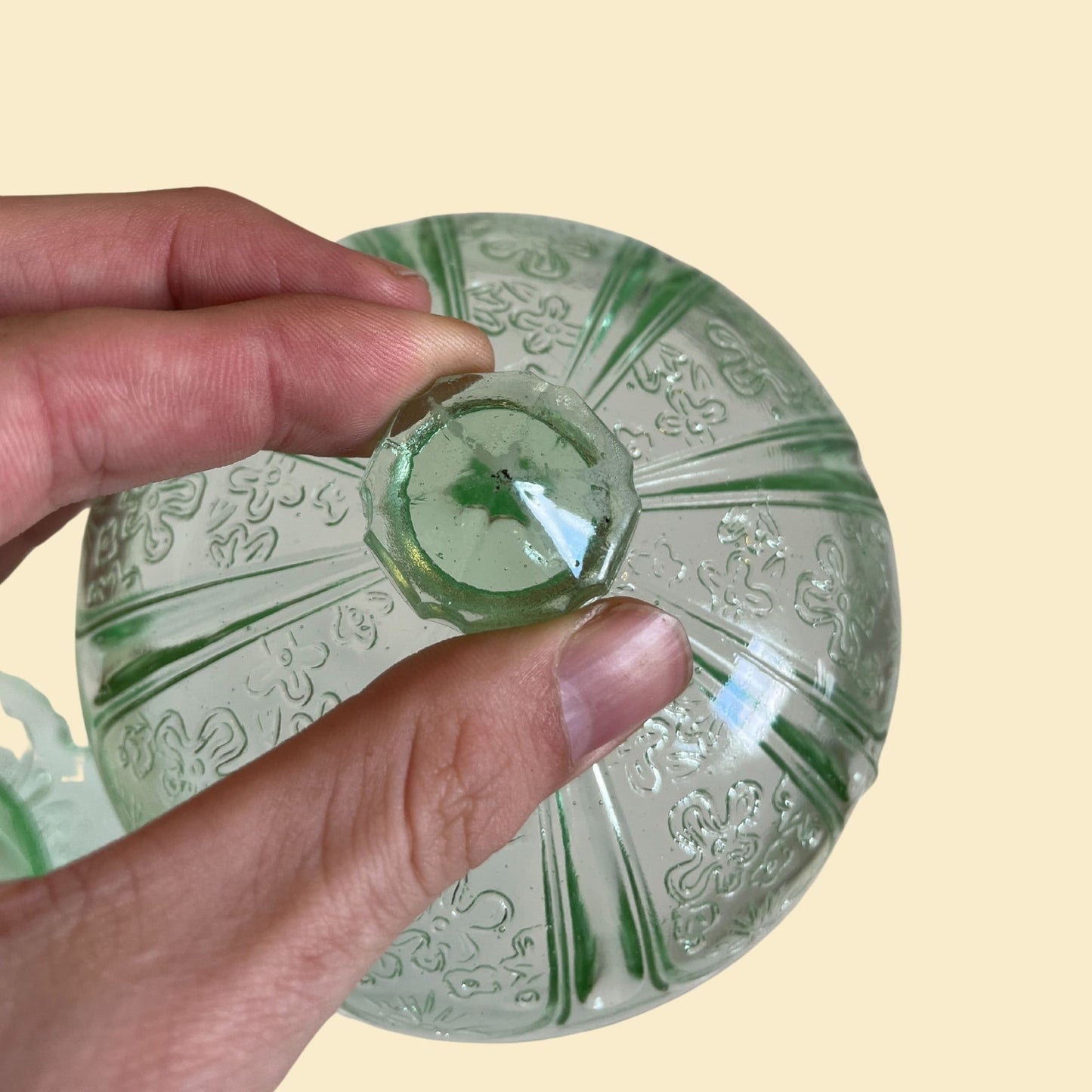 1940s green depression glass candy dish with lid, green lidded dish with floral pattern