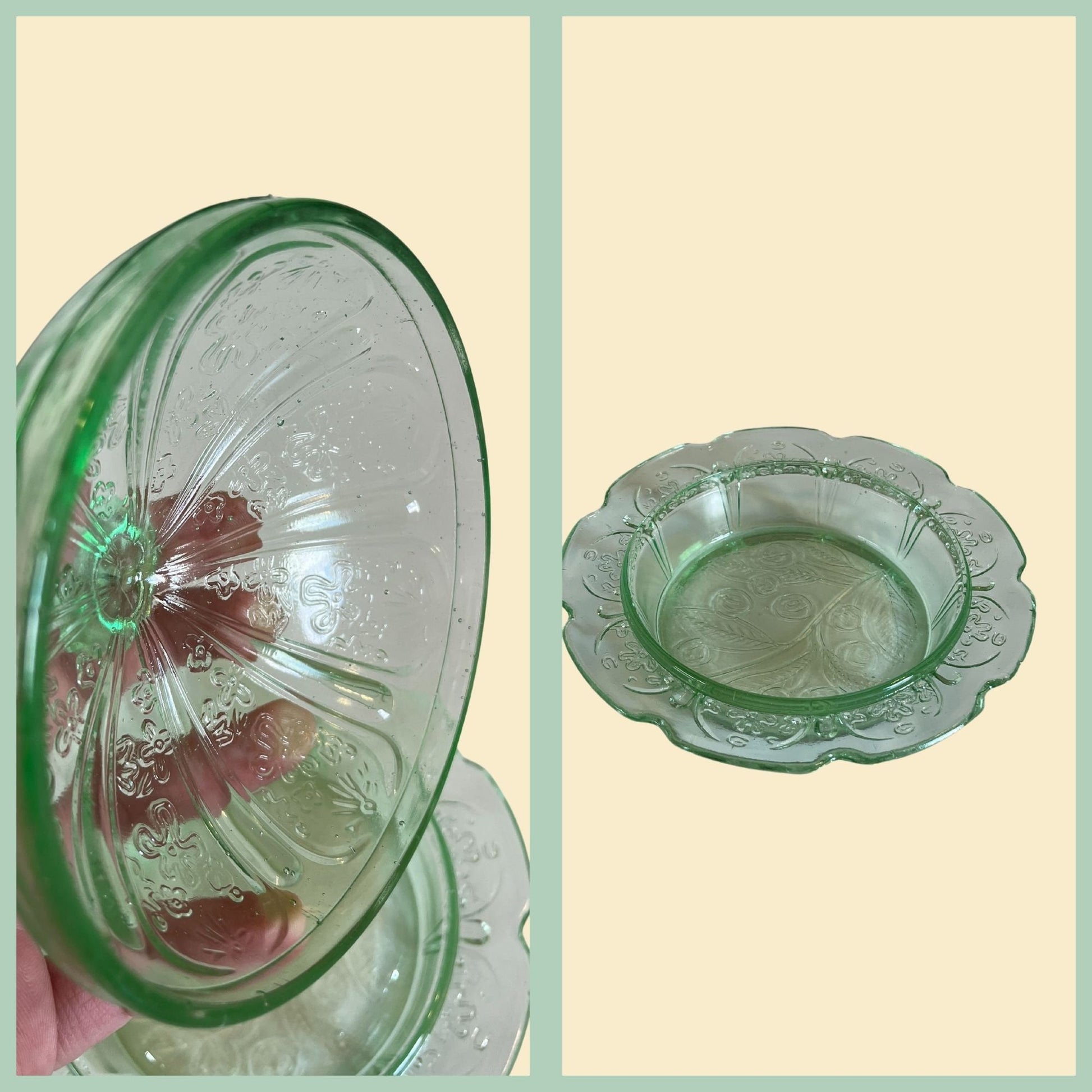 1940s green depression glass candy dish with lid, green lidded dish with floral pattern