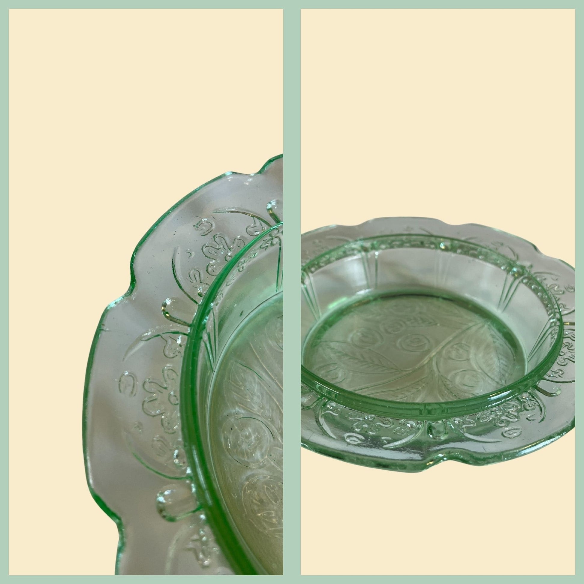 1940s green depression glass candy dish with lid, green lidded dish with floral pattern