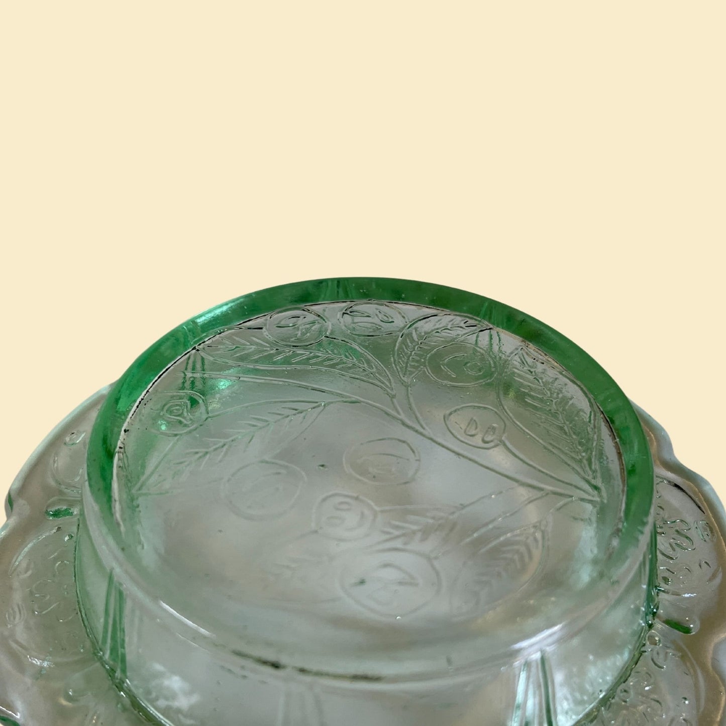 1940s green depression glass candy dish with lid, green lidded dish with floral pattern