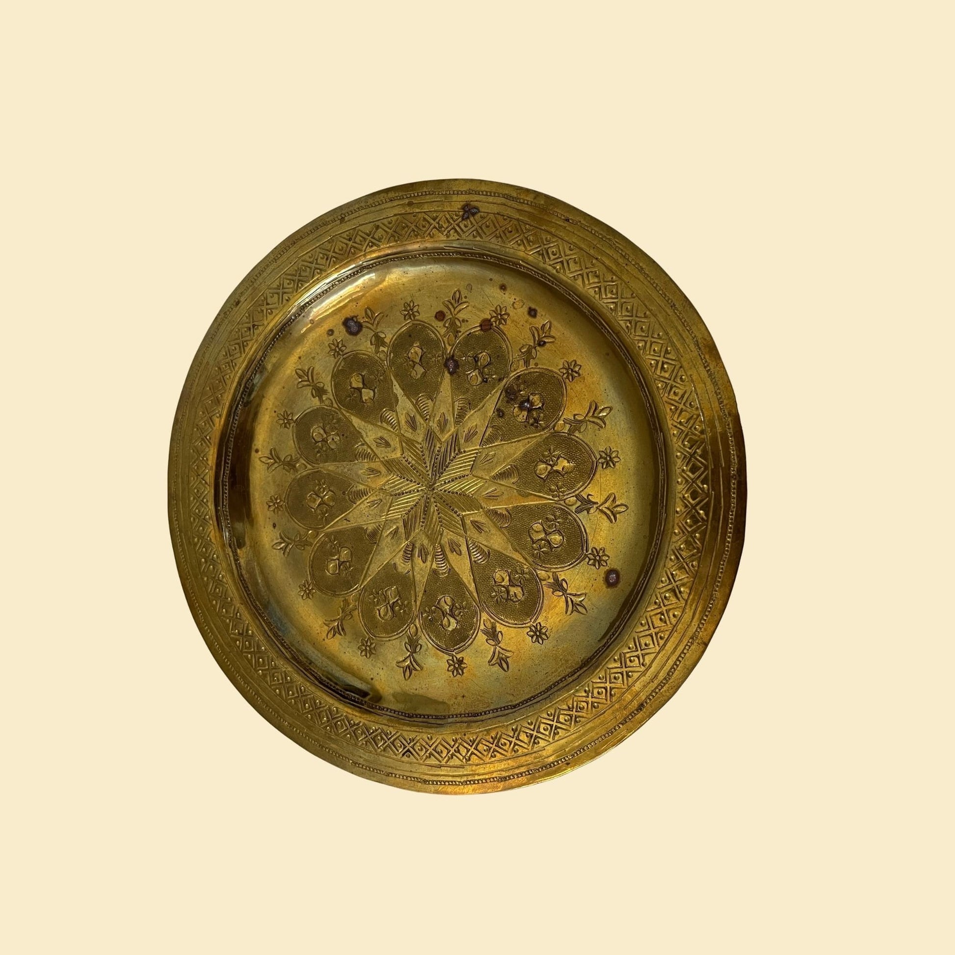 Vintage brass wall hanging plate, c. 1950s circular brass plate with geometric etchings