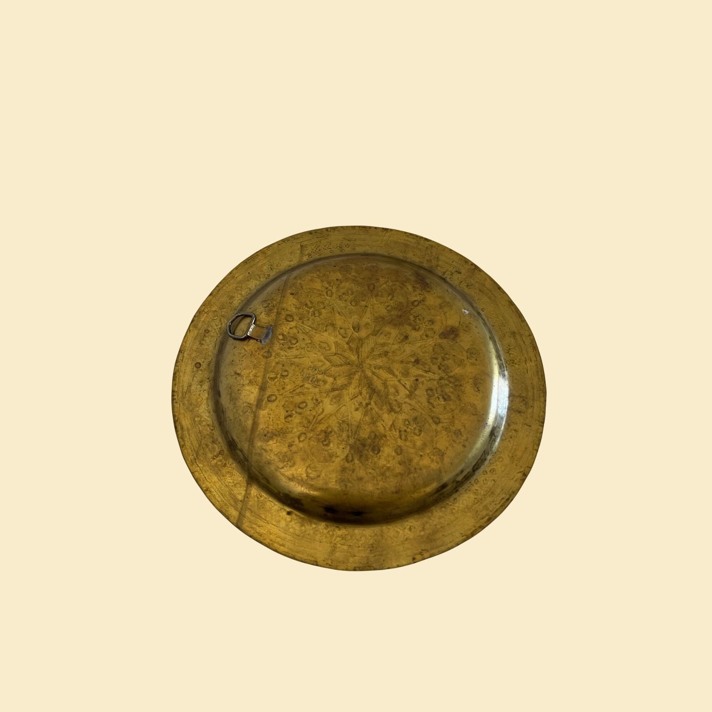 Vintage brass wall hanging plate, c. 1950s circular brass plate with geometric etchings