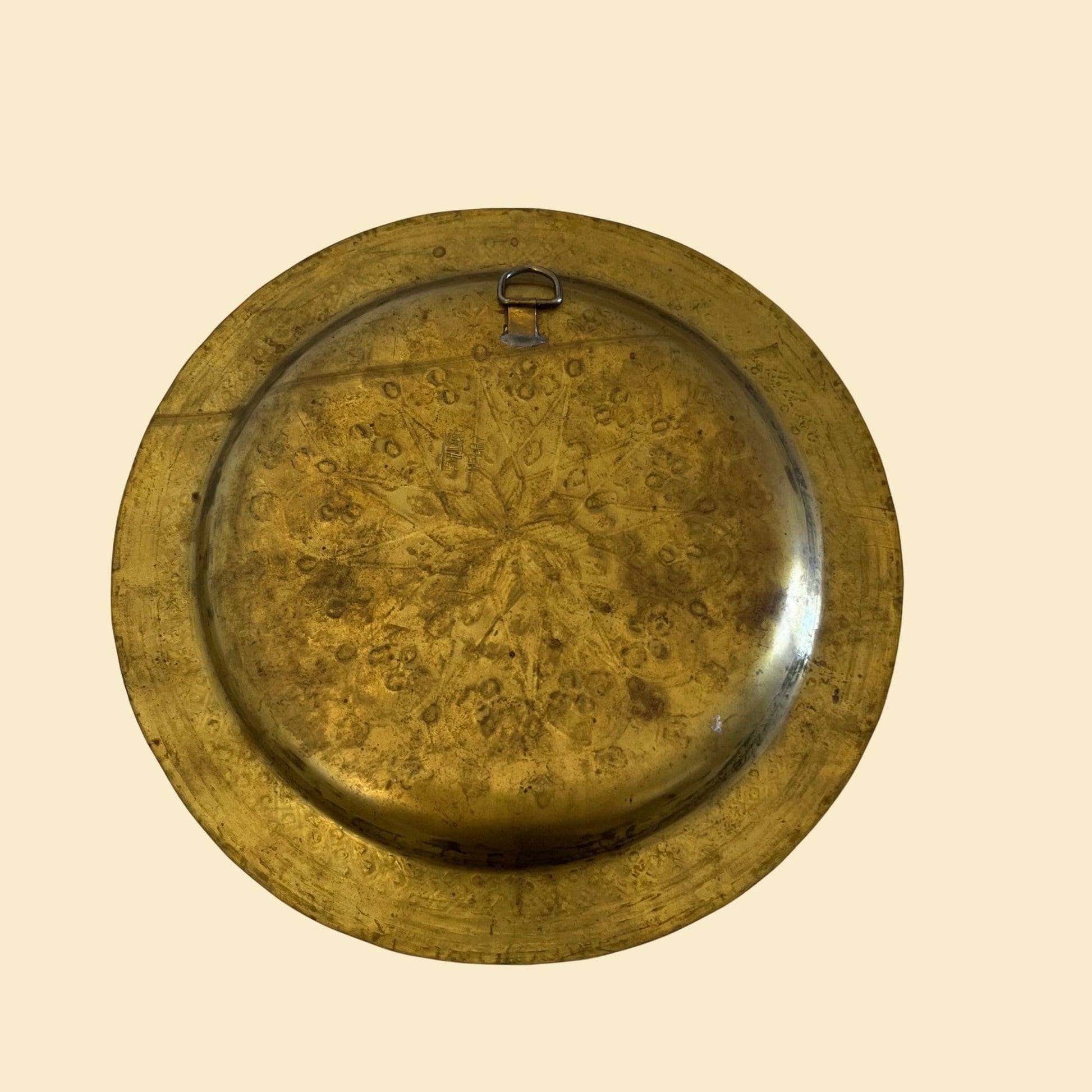 Vintage brass wall hanging plate, c. 1950s circular brass plate with geometric etchings