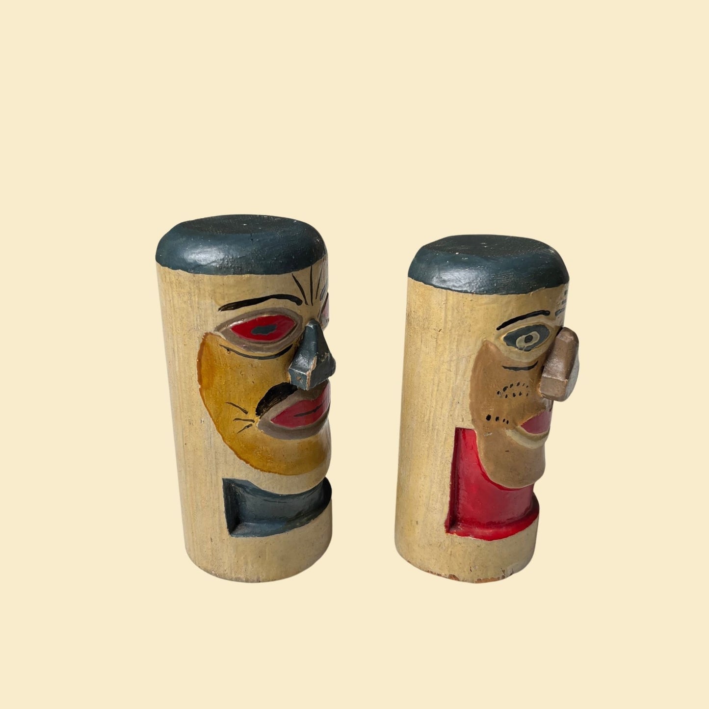 60s wooden totem sculptures, vintage 1960s hand painted / carved folk art sculptures, vintage face sculptures