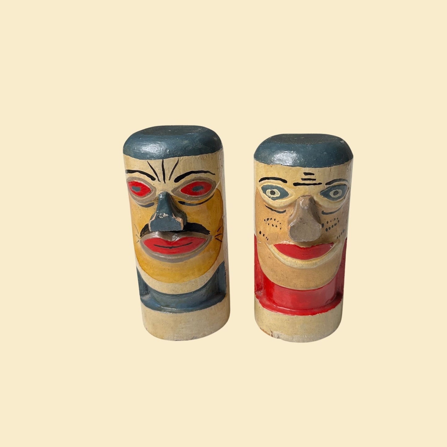 60s wooden totem sculptures, vintage 1960s hand painted / carved folk art sculptures, vintage face sculptures