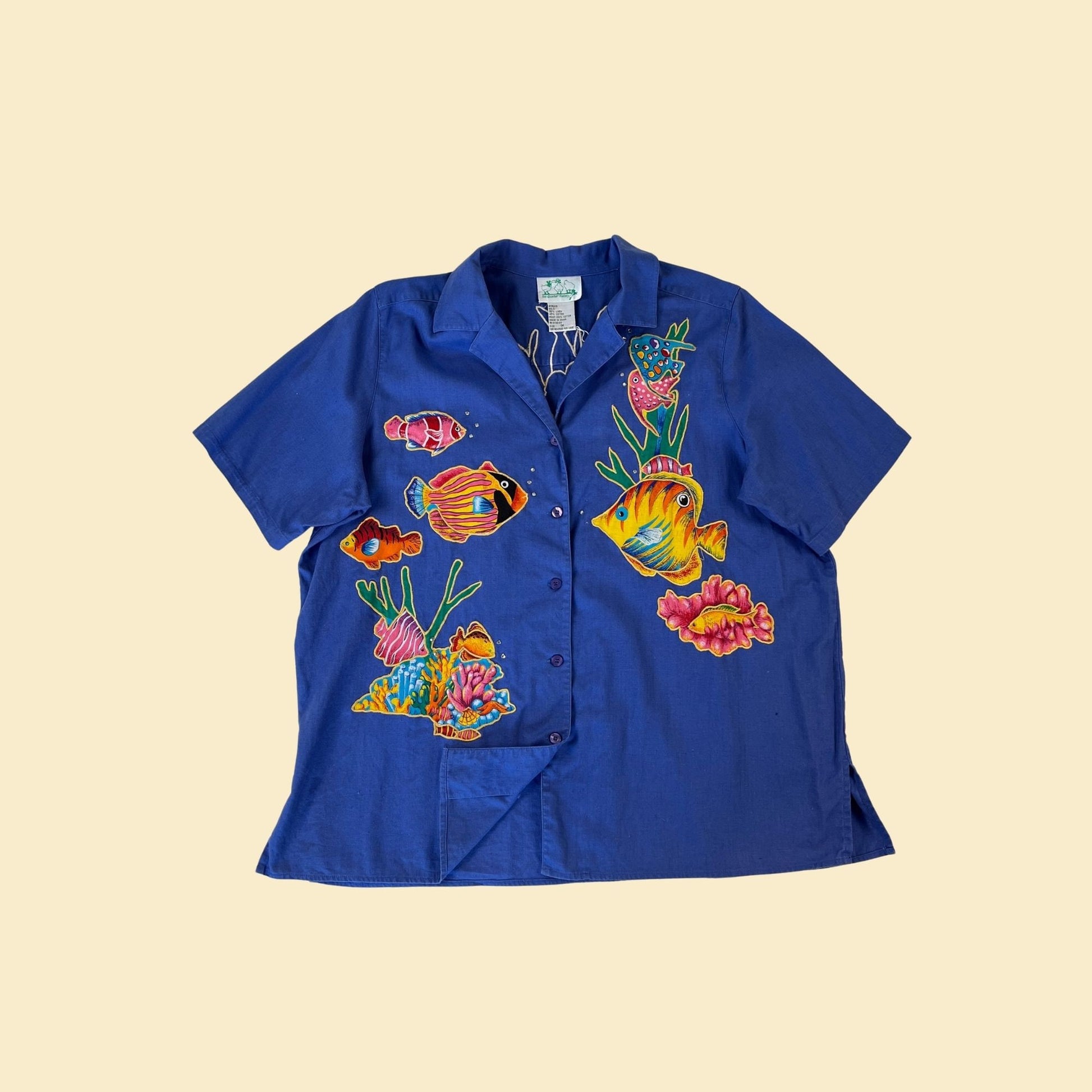 90s bedazzled fish shirt in size 1X by The Quacker Factory, vintage blue and rainbow women's 1990s blouse