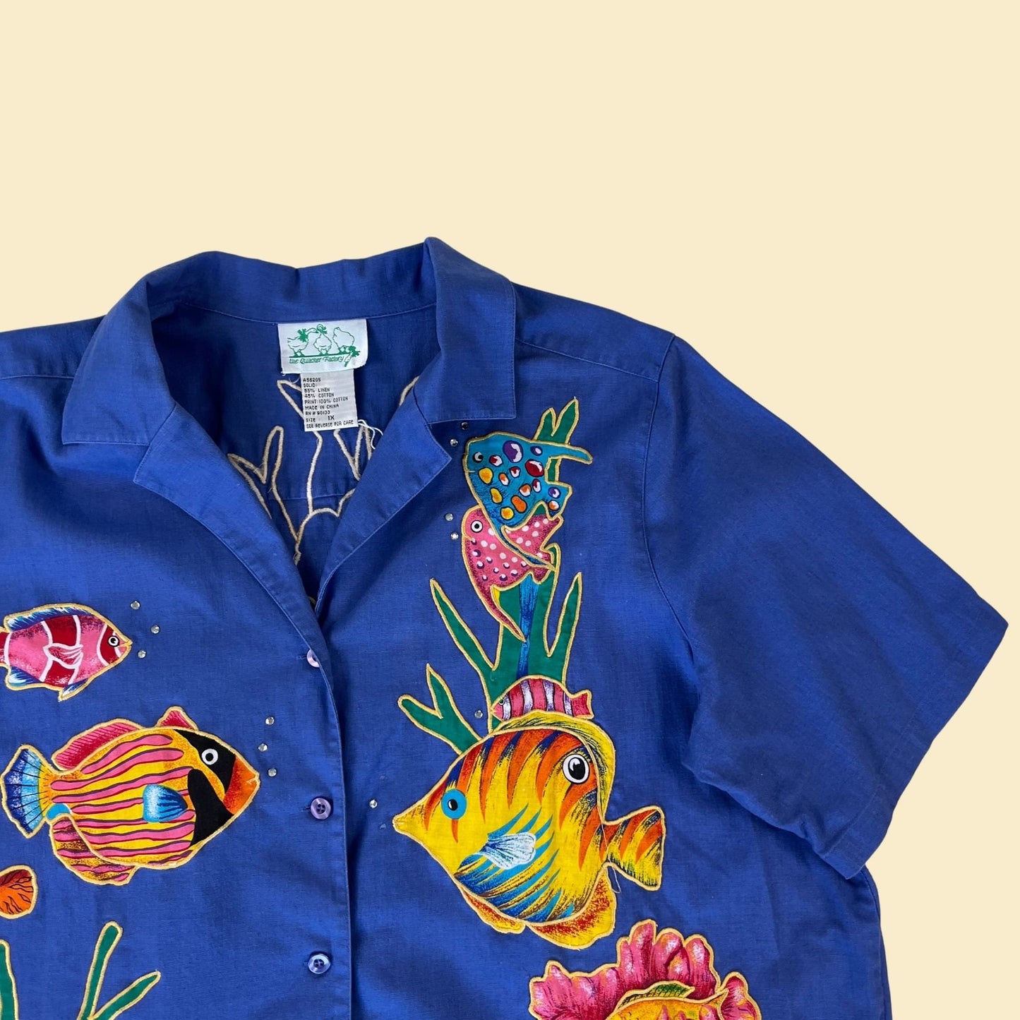 90s bedazzled fish shirt in size 1X by The Quacker Factory, vintage blue and rainbow women's 1990s blouse