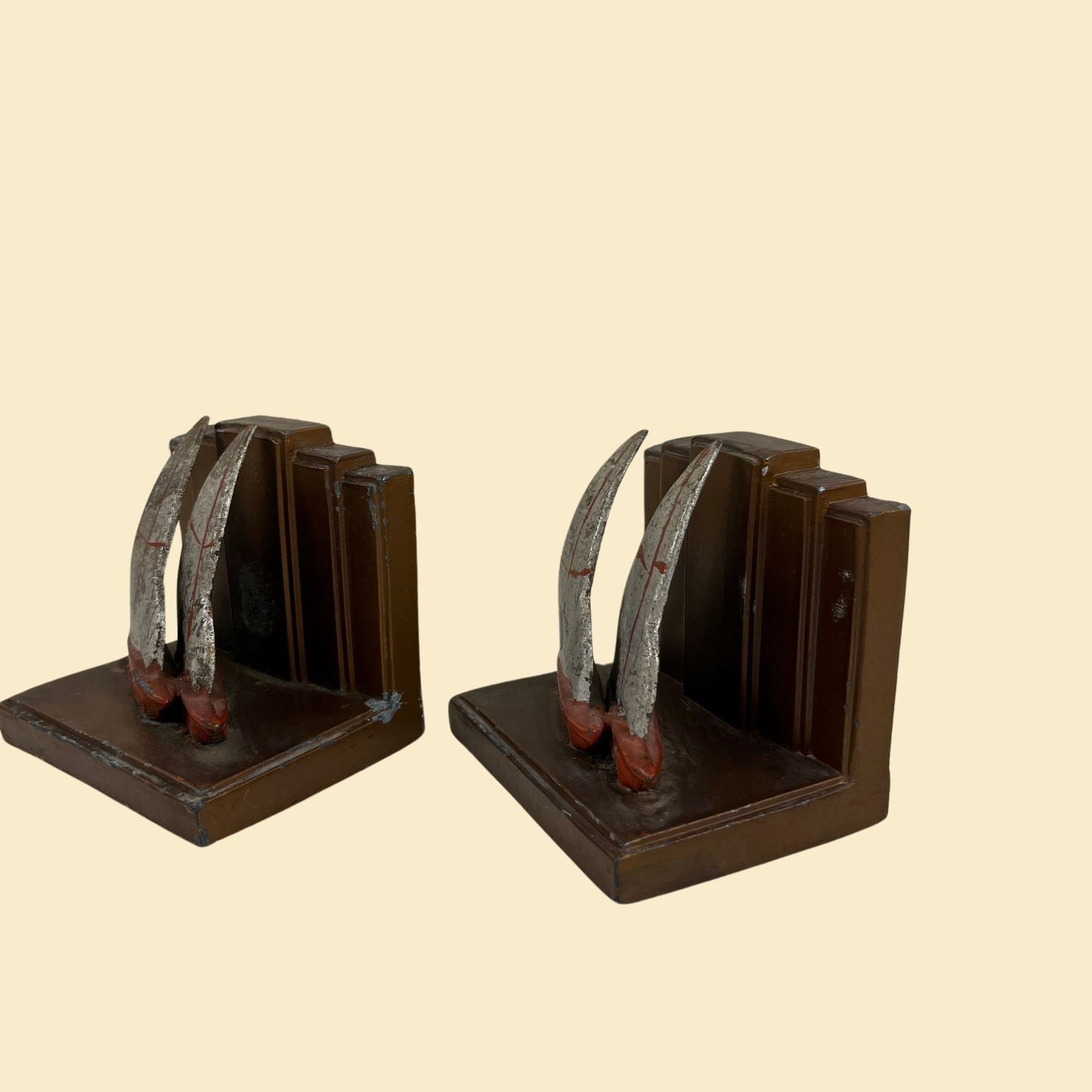 Art deco sailboat bookends, c. 1920s-1930s vintage sailboat heavy book ends, red, grey & copper colored