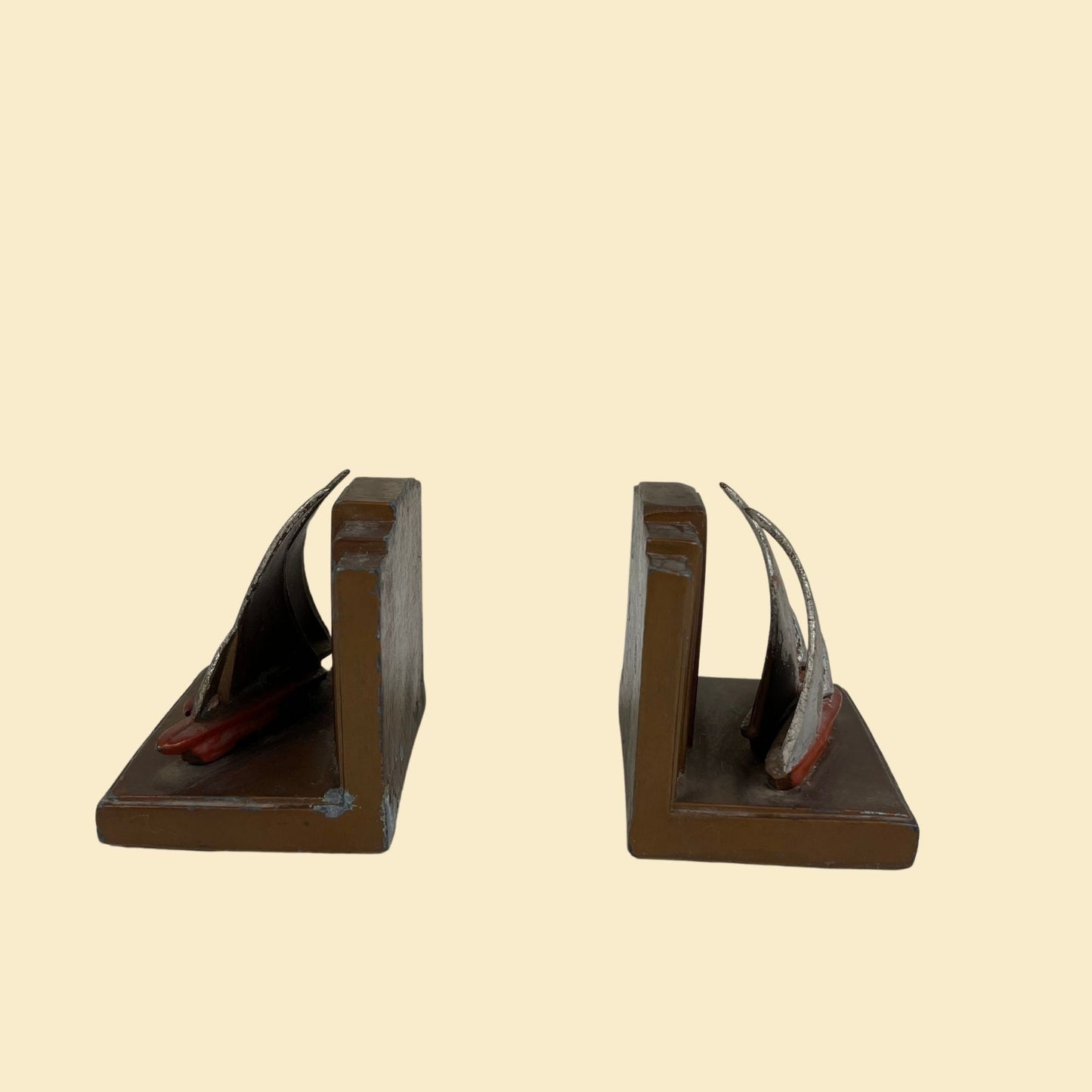 Art deco sailboat bookends, c. 1920s-1930s vintage sailboat heavy book ends, red, grey & copper colored