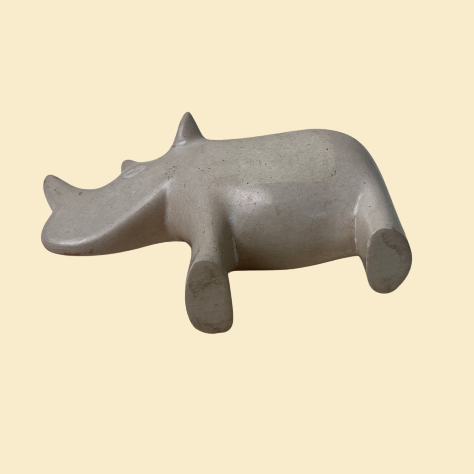 Vintage rhino sculpture, hand carved 1970s pink & white miniature rhinoceros figurine