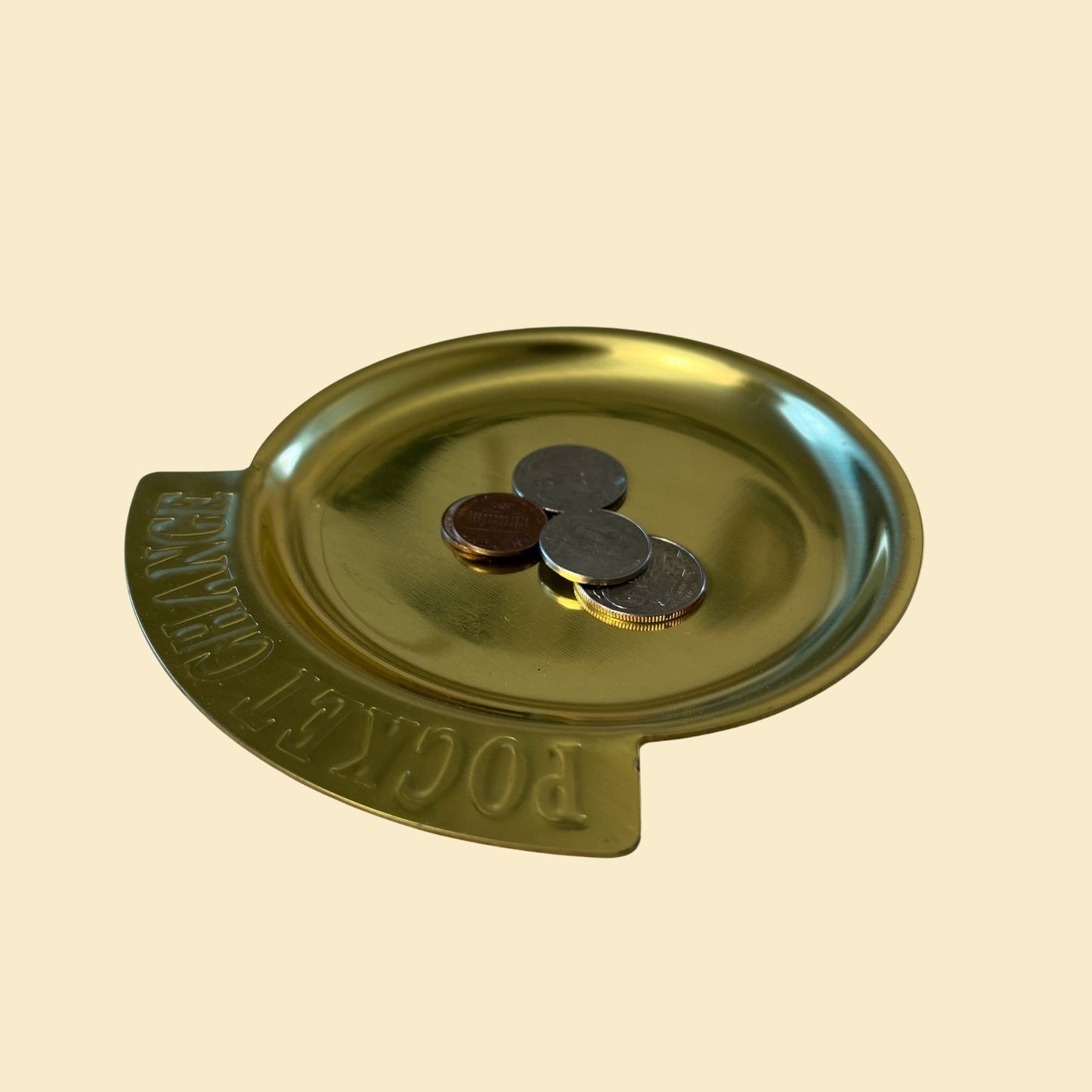 1970s pocket change dish, vintage brass circular coin dish