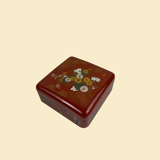Vintage 1980s red floral box, asian lacquerware-style storage box with intricate geometric and flower pattern