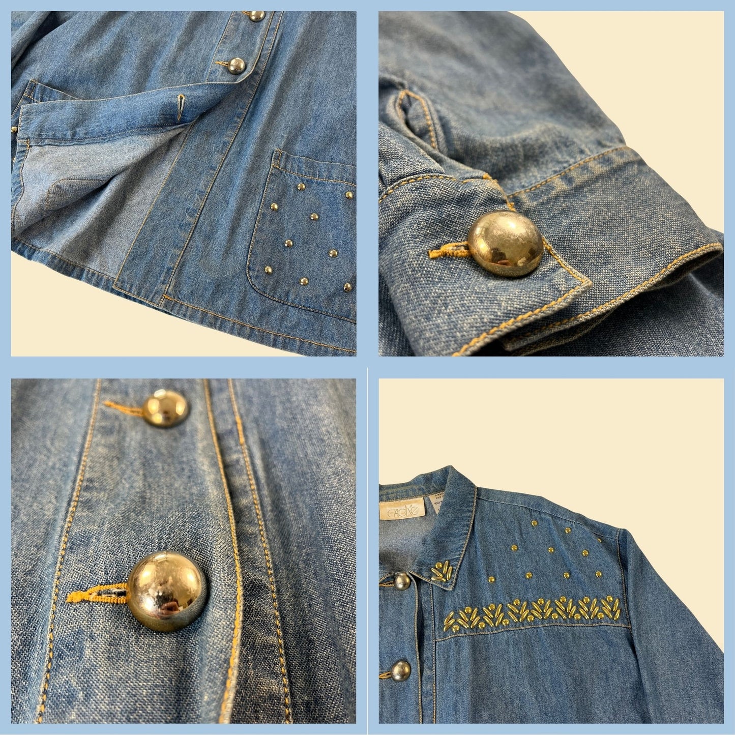 80s Caché denim / chambray button down shirt, size L vintage 1980s funky button down with gold embellishments