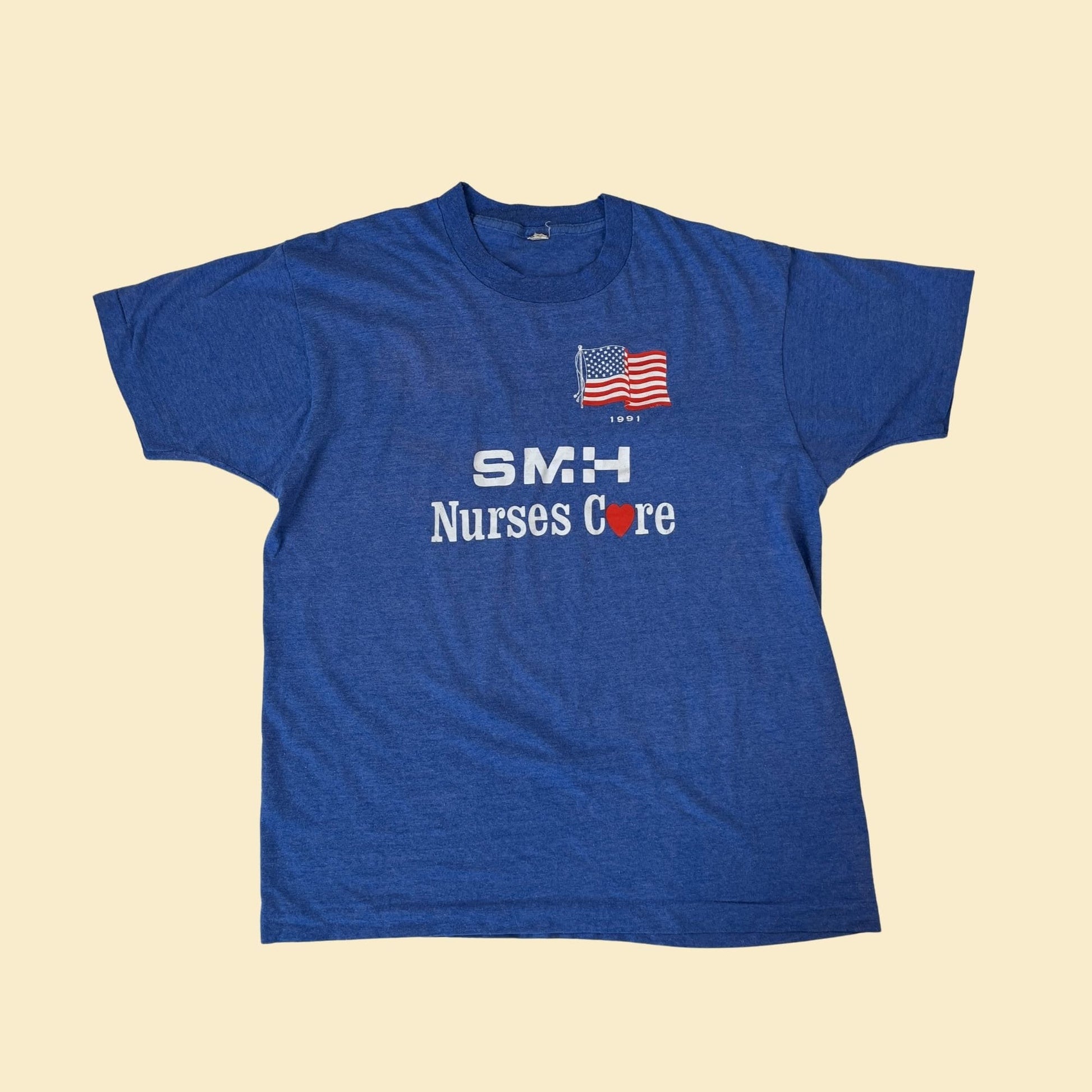 1991 SMH Nurses Care tee shirt by Screen Stars, vintage red white & blue nurse t shirt