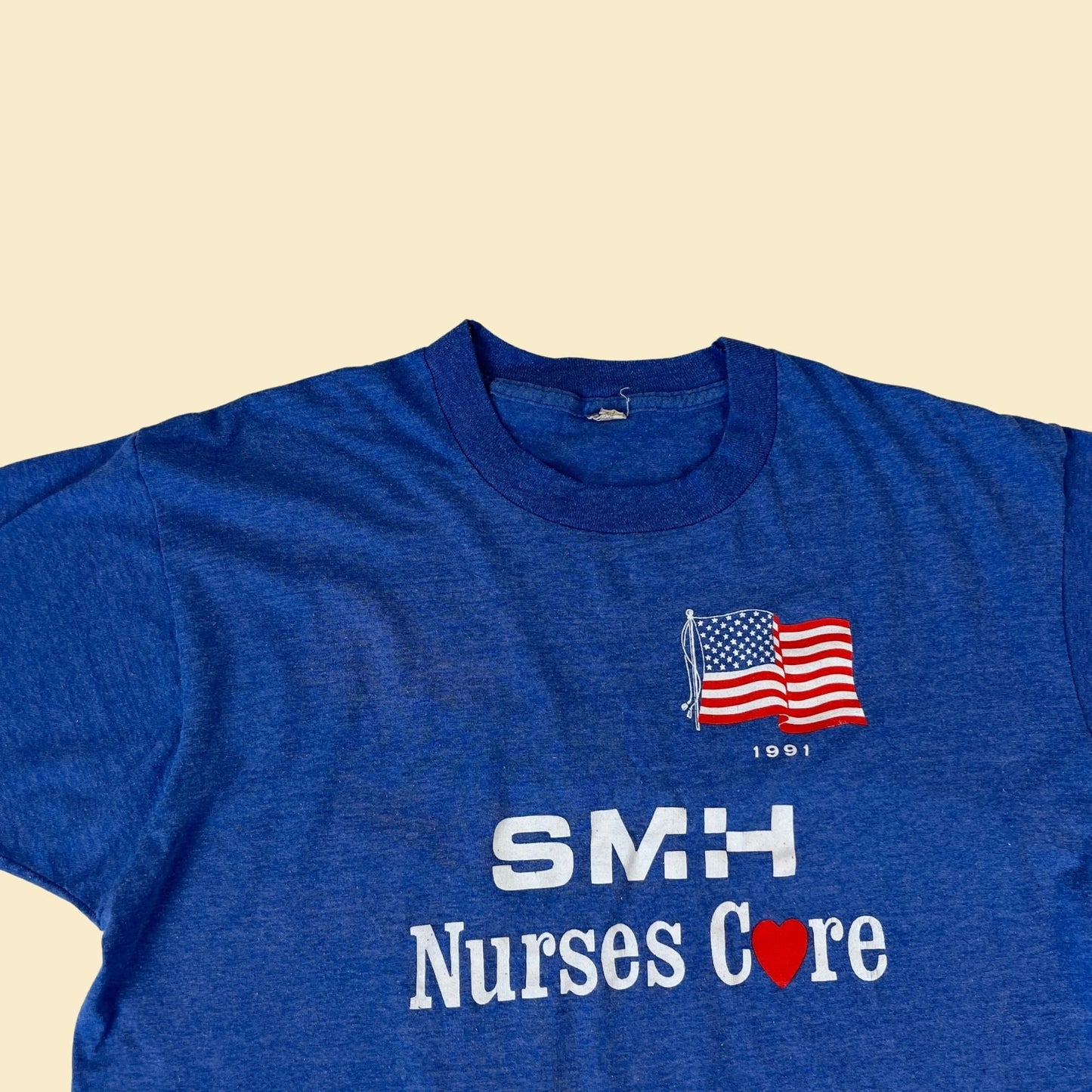 1991 SMH Nurses Care tee shirt by Screen Stars, vintage red white & blue nurse t shirt