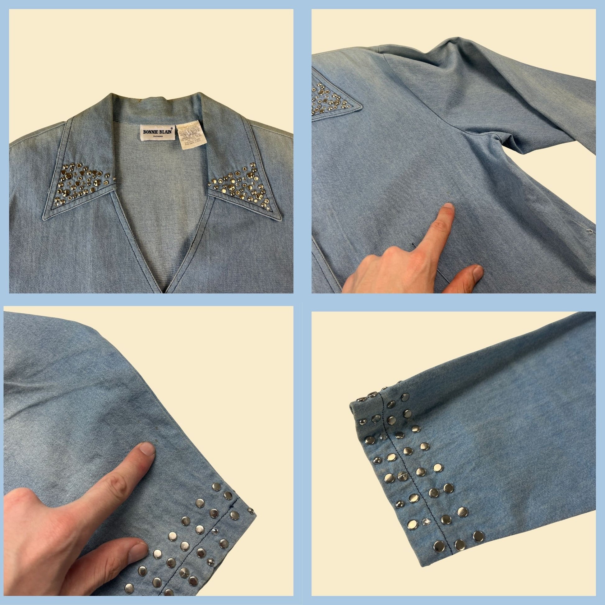 Vintage 80s denim jacket by Bonnie Blane, rhinestone / bedazzled chambray long sleeve button down