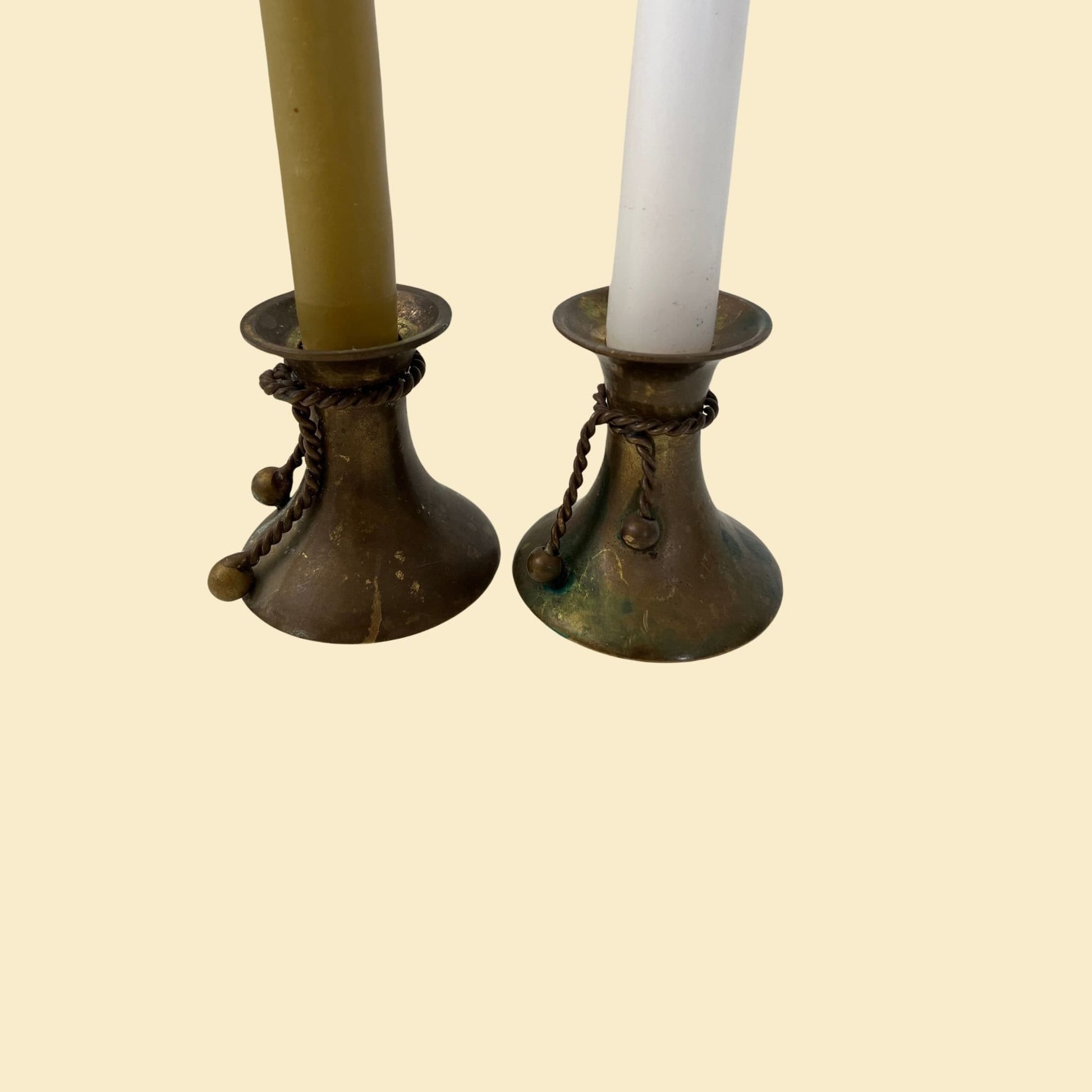 1970s brass taper candle holders, vintage set of 2 candlestick holders with braid/rope design