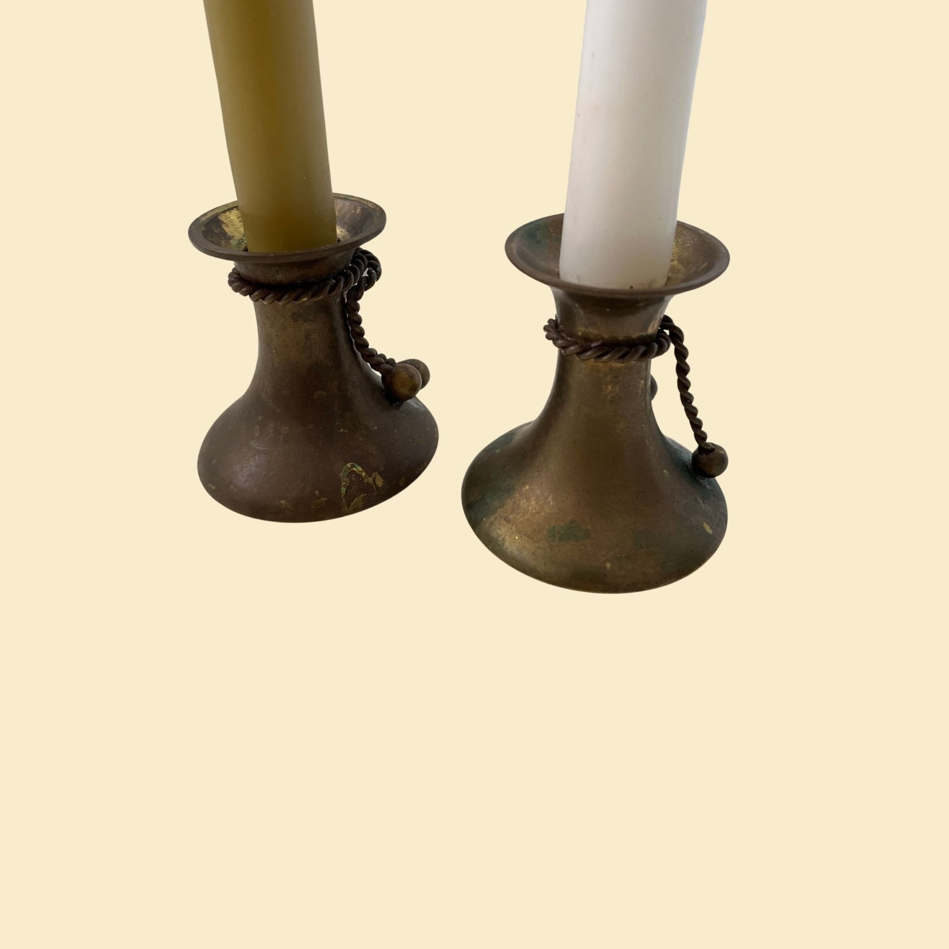 1970s brass taper candle holders, vintage set of 2 candlestick holders with braid/rope design