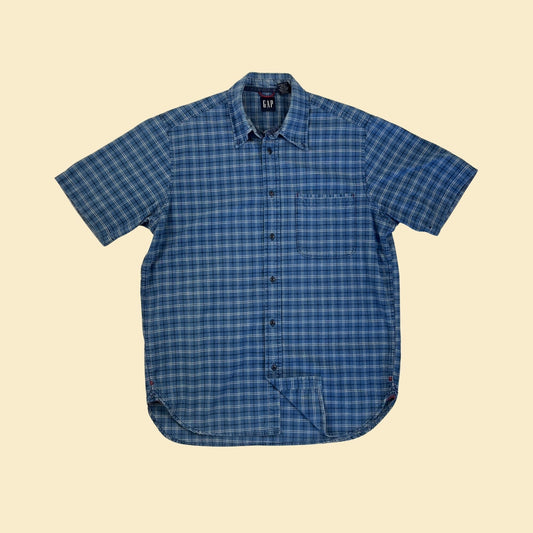 90s GAP shirt, vintage 1990s size M short sleeve plaid blue casual button down