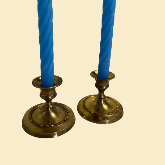 Set of 2 vintage brass candlestick holders, small 1980s solid brass taper candle holders