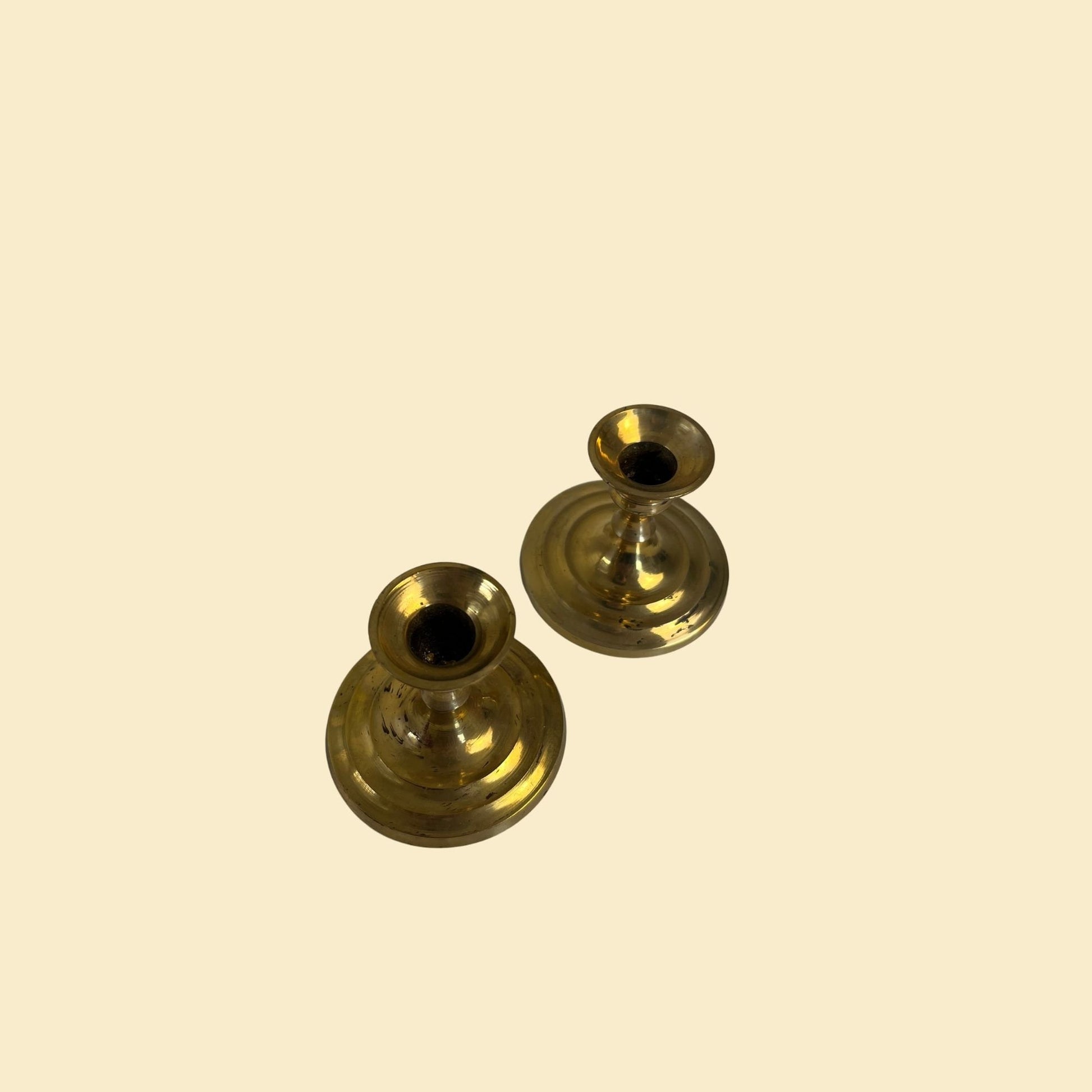 1980s brass candlestick holders, vintage set of 2 small solid brass taper candle holders