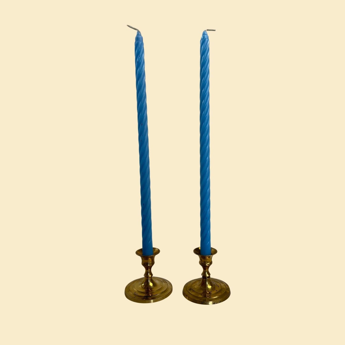 1980s brass candlestick holders, vintage set of 2 small solid brass taper candle holders