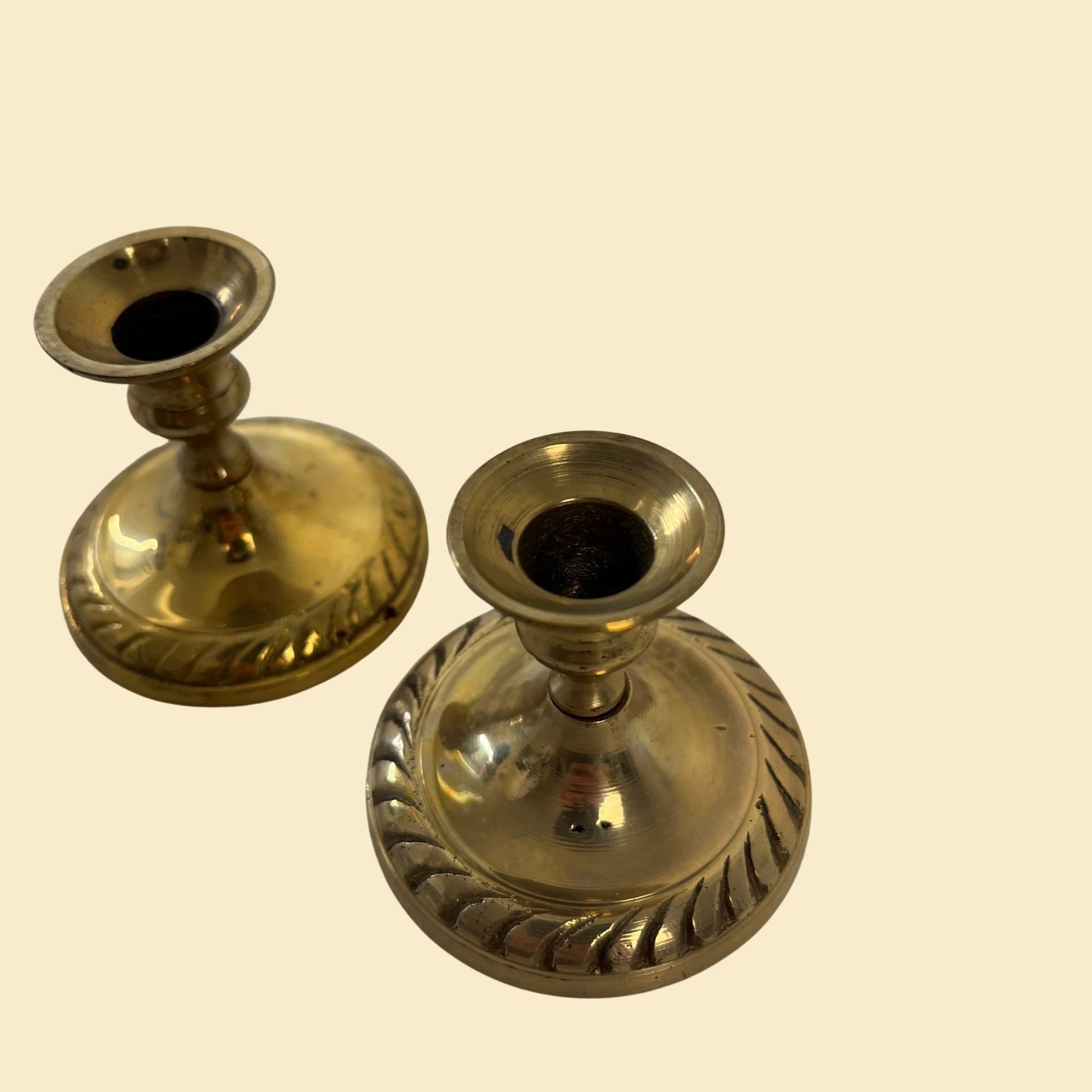 Vintage 1980s brass candlestick holders, set of 2 small solid brass taper candle holders