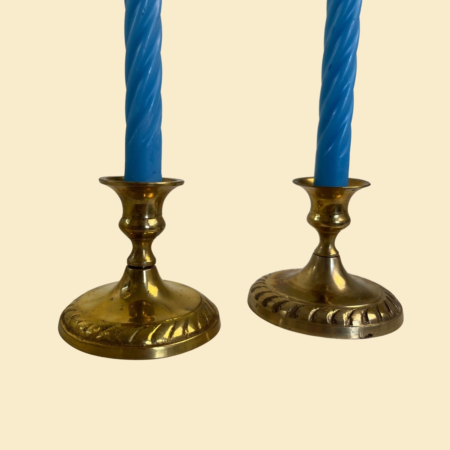 Vintage 1980s brass candlestick holders, set of 2 small solid brass taper candle holders