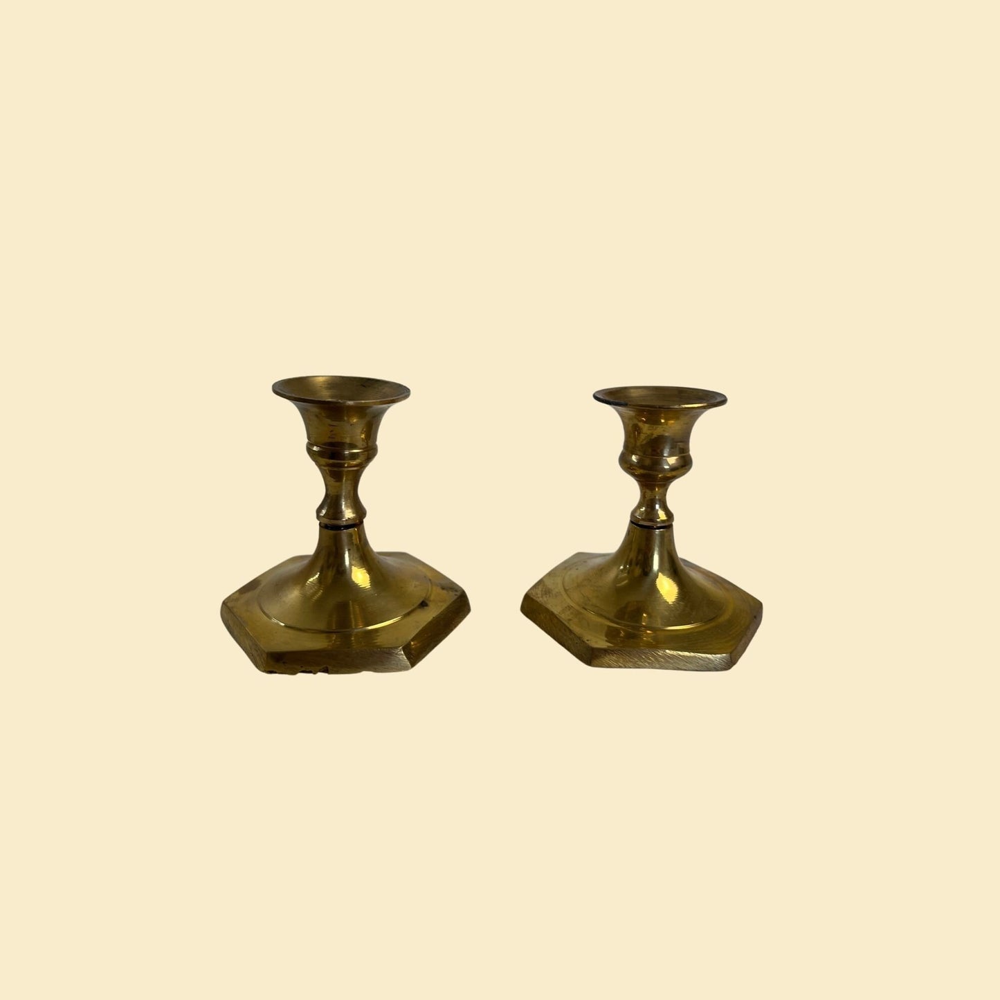 80s brass candlestick holders, set of 2 small vintage 1980s solid brass taper candle holders