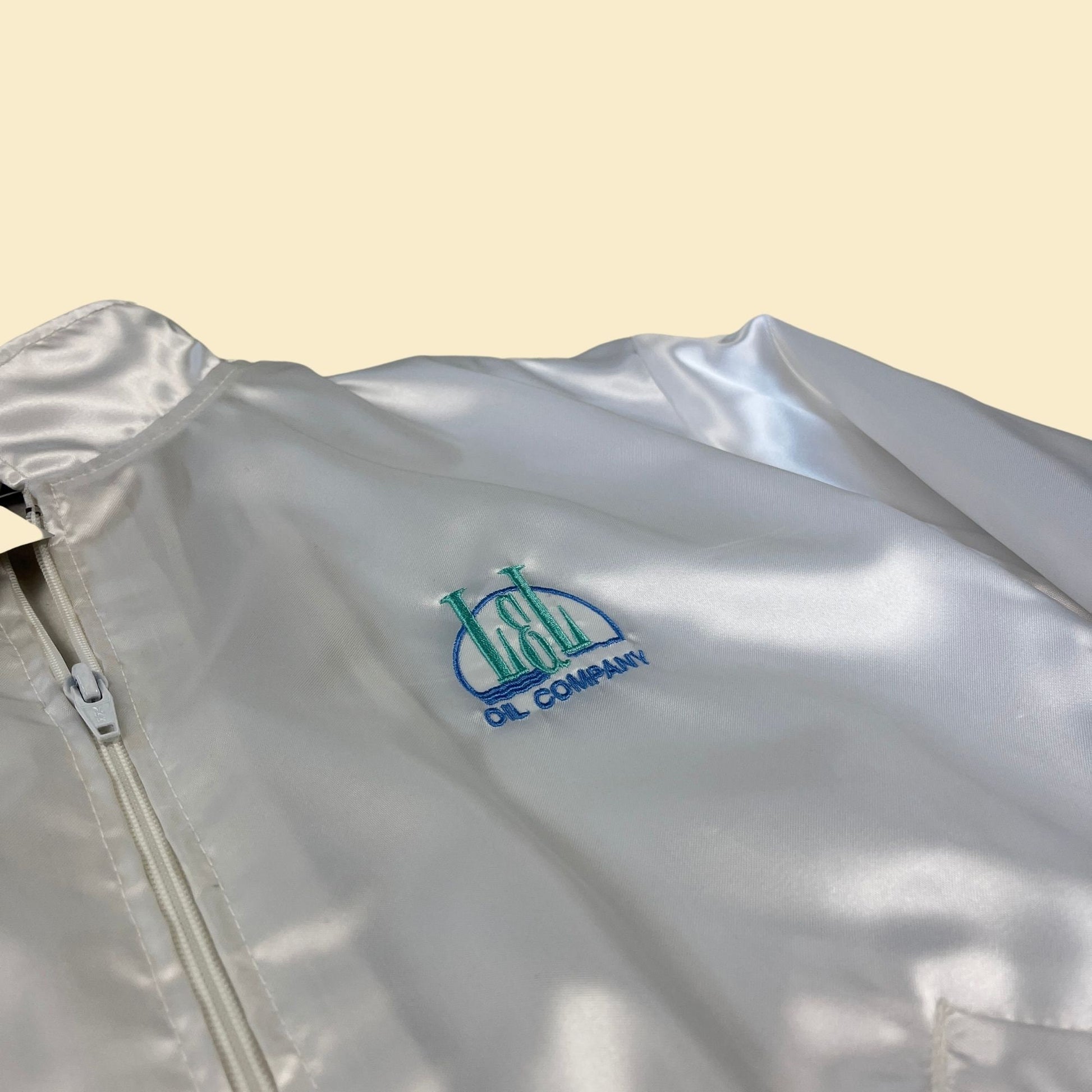 1980s L&L Oil Companies windbreaker, vintage satin white and blue windbreaker, deadstock condition with tags