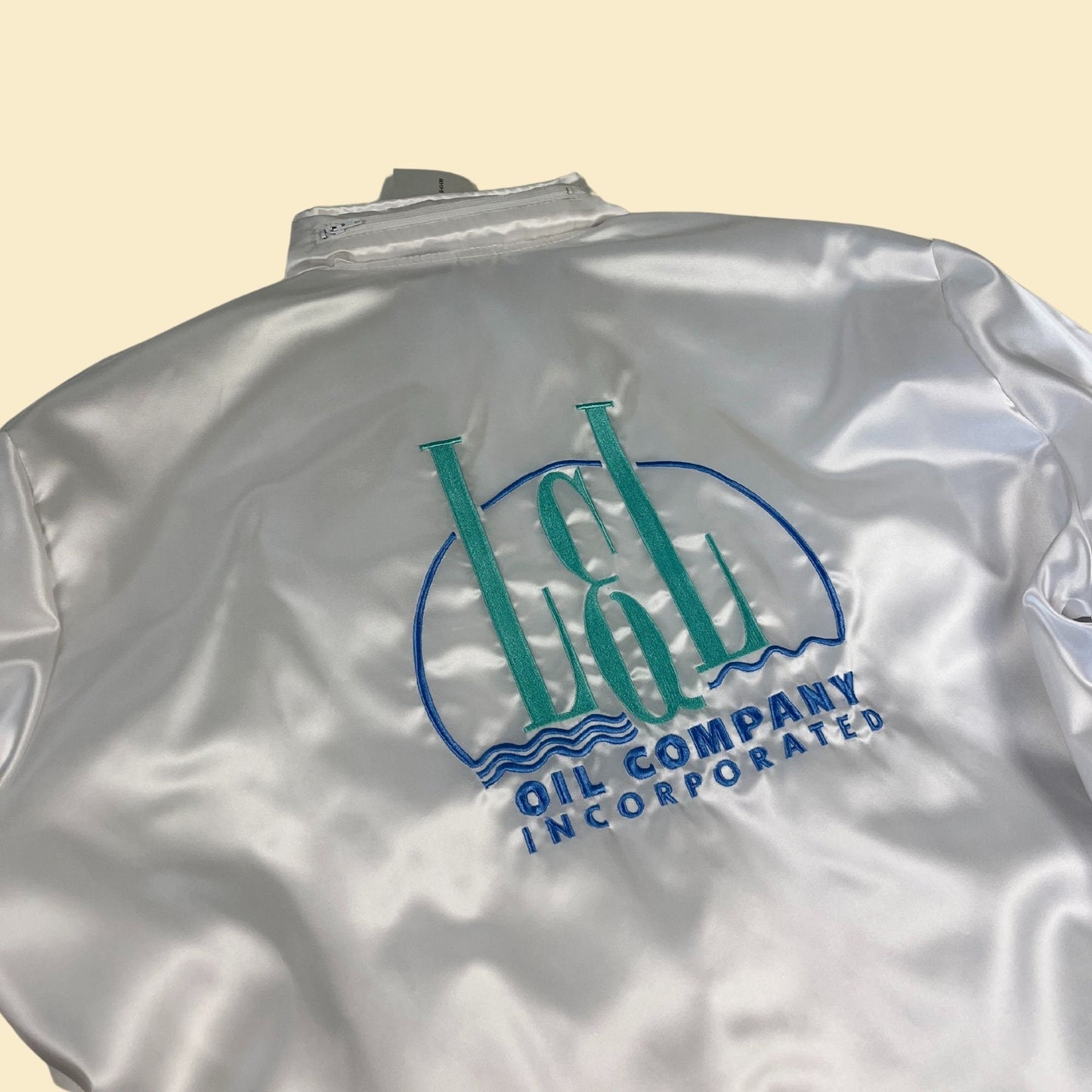 1980s L&L Oil Companies windbreaker, vintage satin white and blue windbreaker, deadstock condition with tags