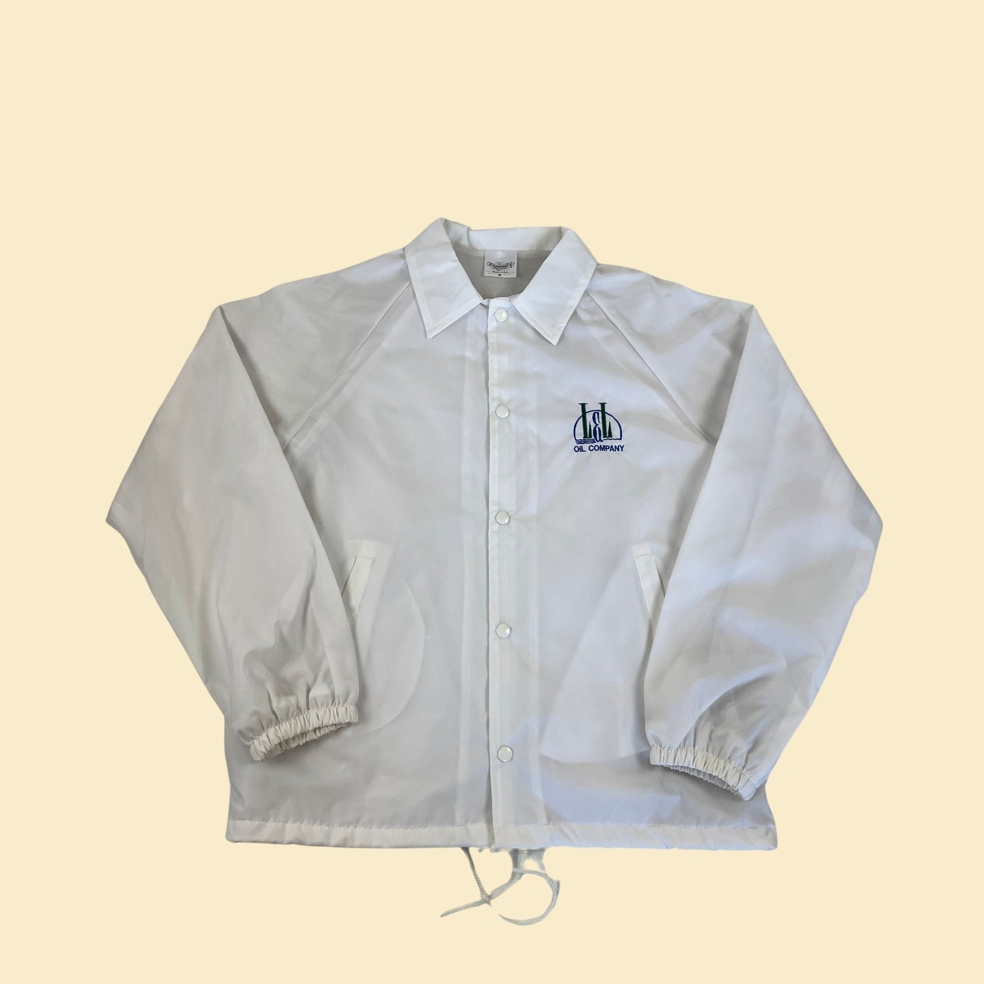 Vintage L&L Oil windbreaker jacket by Auburn Sportswear, 1980s white and blue snap clasp workwear jacket