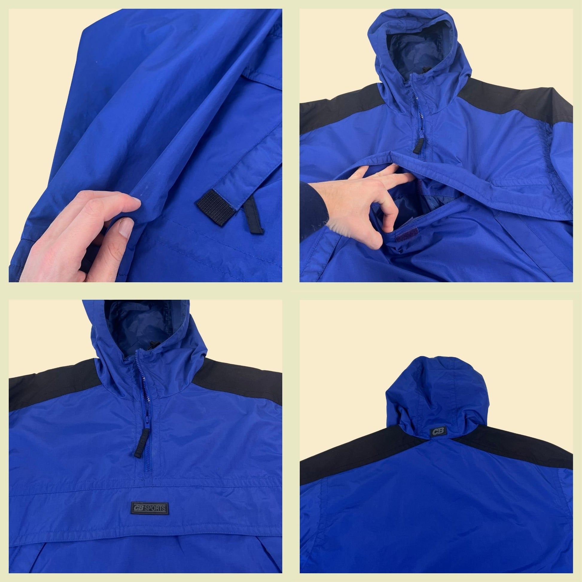 Vintage 90s blue hooded windbreaker by CB Sports, size L 1990s men's colorblock blue & black nylon hoodie with center pocket